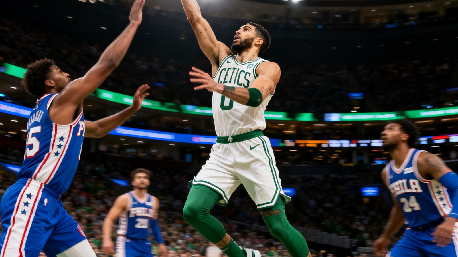 NBA常规赛凯尔特人对阵76人，塔图姆最后时刻后仰跳投绝杀
